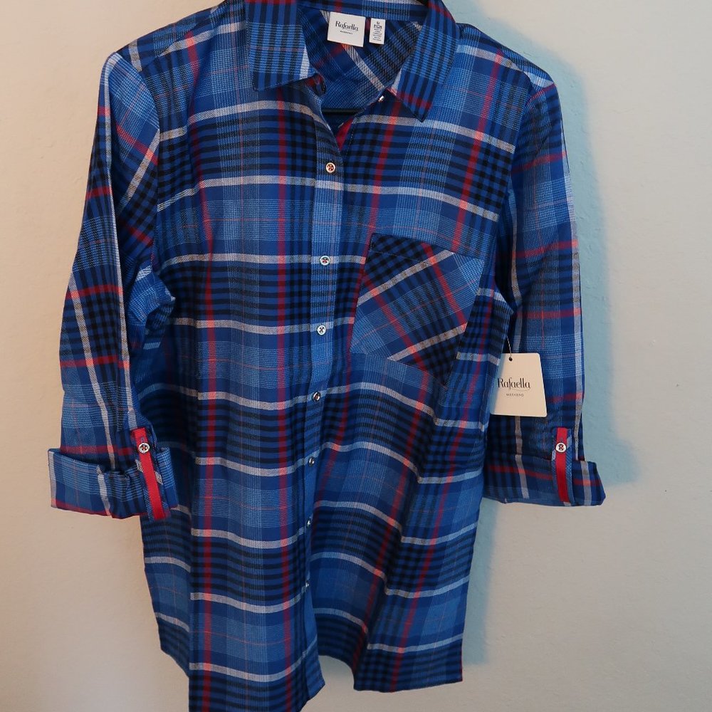 Blue pink plaid 3/4 sleeve blouse Size Small
